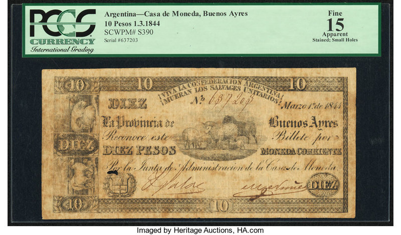 Argentina Casa de Moneda 10 Pesos 1.3.1844 Pick S390 PCGS Apparent Fine 15. Stai...