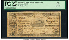 Argentina Casa de Moneda 10 Pesos 1.3.1844 Pick S390 PCGS Apparent Fine 15. Stained; small holes.

HID09801242017