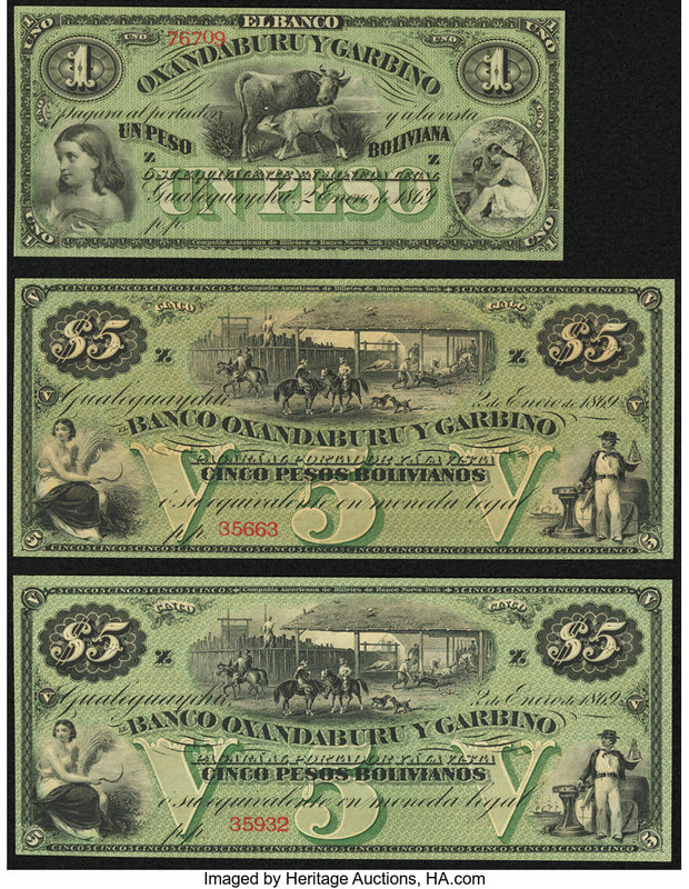 Argentina Banco Oxandaburu y Garbino 1; 5; 5 Pesos Boliviana 1869 Pick S1782r; S...