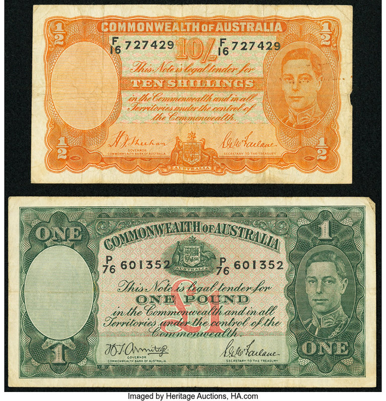 Australia Commonwealth Bank of Australia 10 Shillings ND (1939) Pick 25a; 1 Poun...