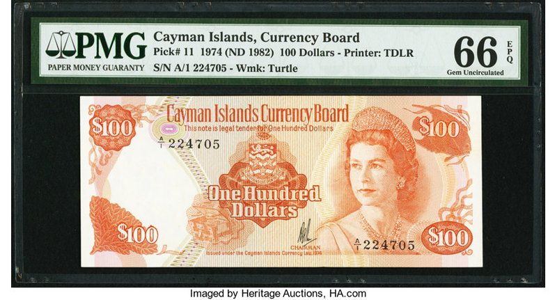Cayman Islands Currency Board 100 Dollars 1974 (ND 1982) Pick 11 PMG Gem Uncircu...