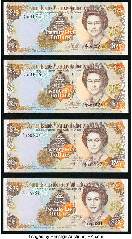 Cayman Islands Monetary Authority 25 Dollars 1998 Pick 24 (2); 2003 Pick 31a (2)...