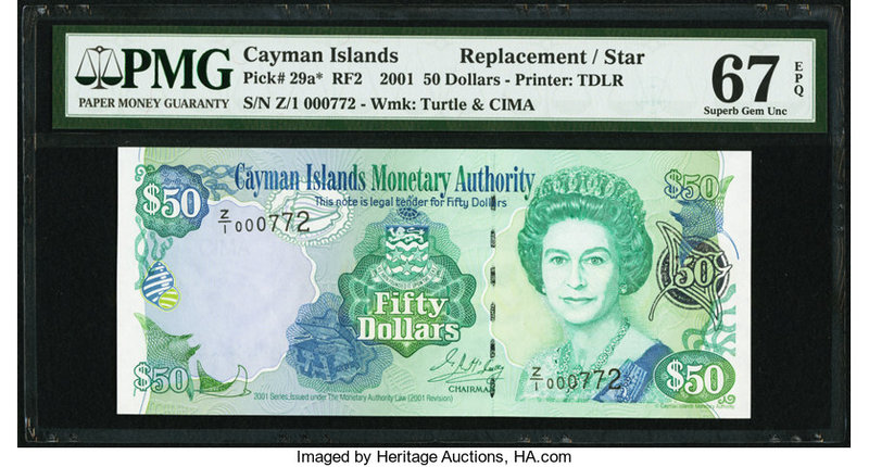 Cayman Islands Monetary Authority 50 Dollars 2001 Pick 29a* Replacement PMG Supe...