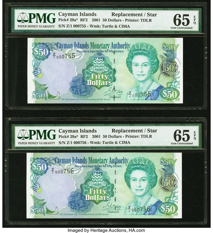 Cayman Islands Monetary Authority 50 Dollars 2001 Pick 29a* Replacement Two Cons...