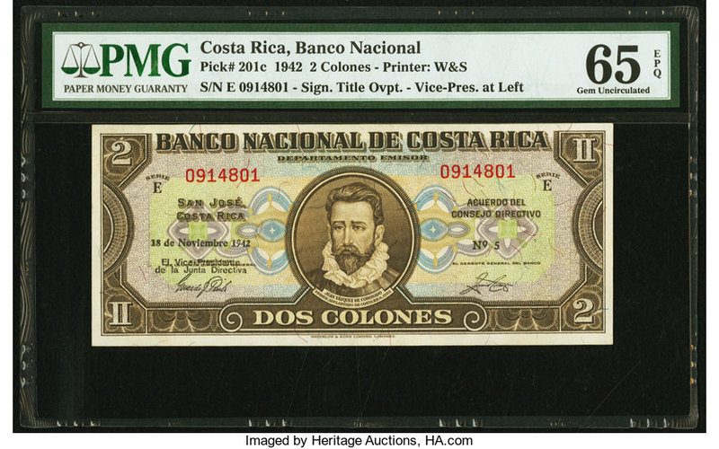 Costa Rica Banco Nacional 2 Colones 18.11.1942 Pick 201c PMG Gem Uncirculated 65...