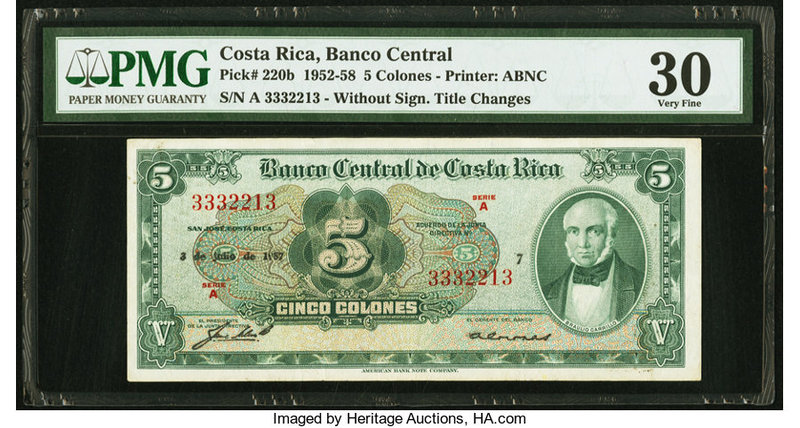 Costa Rica Banco Central de Costa Rica 5 Colones 3.7.1957 Pick 220b PMG Very Fin...