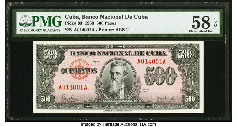 Cuba Banco Nacional de Cuba 500 Pesos 1950 Pick 83 PMG Choice About Unc 58 EPQ. ...