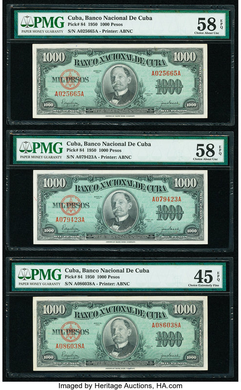 Cuba Banco Nacional de Cuba 1000 Pesos 1950 Pick 84 Three Examples PMG Choice Ab...