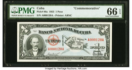 Low Serial Number 120 Cuba Banco Nacional de Cuba 1 Peso 1953 Pick 86a Commemorative PMG Gem Uncirculated 66 EPQ. 

HID09801242017