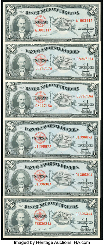 Cuba Banco Nacional de Cuba 1 Peso 1953 Pick 86a, Six Examples About Uncirculate...