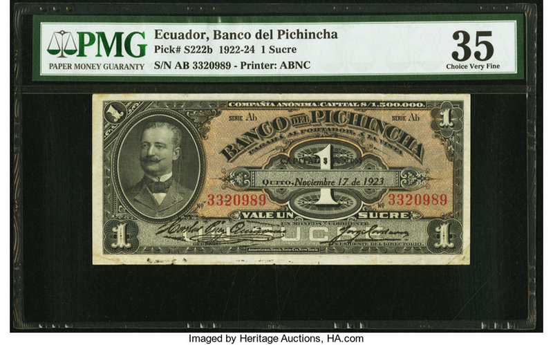 Ecuador Banco del Pichincha 1 Sucre 17.11.1923 Pick S222b PMG Choice Very Fine 3...