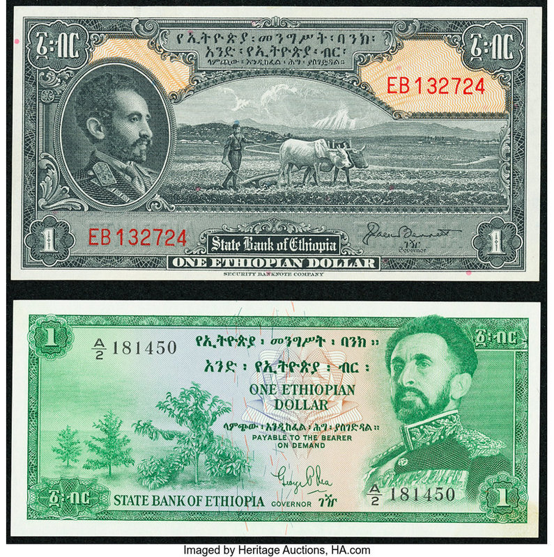 Ethiopia State Bank of Ethiopia 1 Dollar ND (1945) Pick 12b; ND (1961) Pick 18 C...