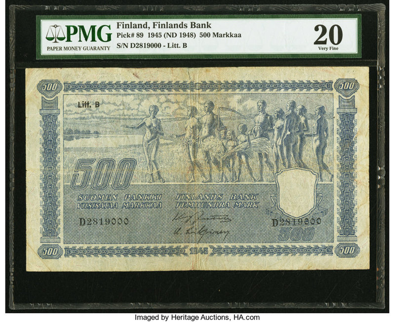 Finland Finlands Bank 500 Markkaa 1945 (ND 1948) Pick 89 PMG Very Fine 20. Minor...