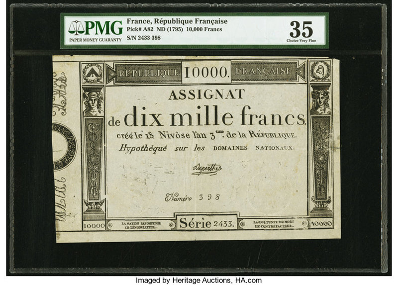 France Republique Francaise 10,000 Francs ND (1795) Pick A82 PMG Choice Very Fin...