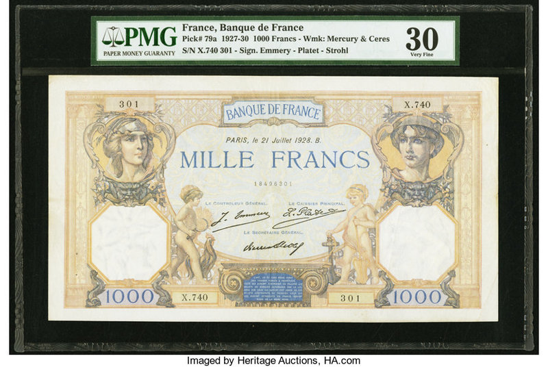 France Banque de France 1000 Francs 21.7.1928 Pick 79a PMG Very Fine 30. Staple ...