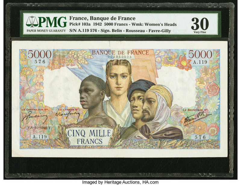 France Banque de France 5000 Francs 8.10.1942 Pick 103a PMG Very Fine 30. Minor ...