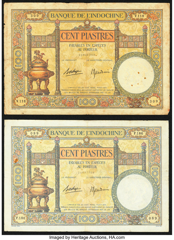 French Indochina Banque de l'Indo-Chine 100 Piastres ND (1936-39) Pick 51d Two E...
