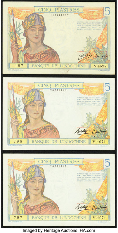 French Indochina Banque de l'Indo-Chine 5 Piastres ND (1936) Pick 55b; ND (1946)...