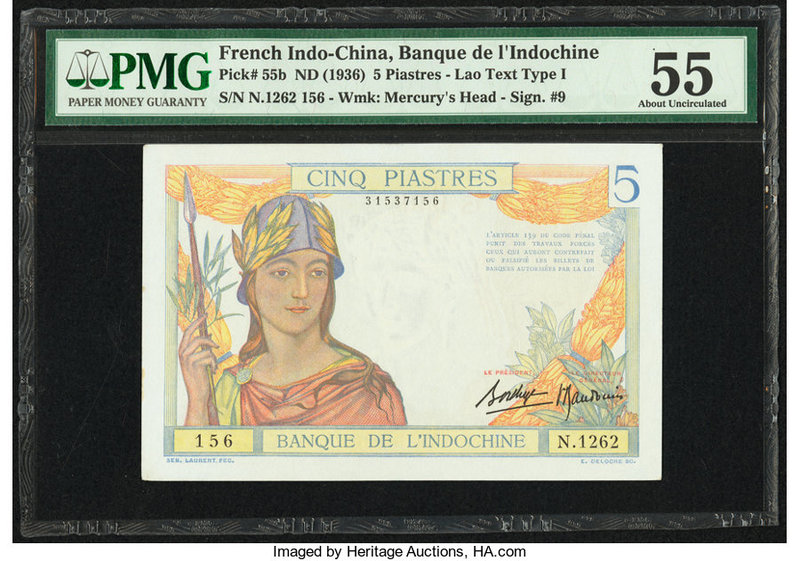 French Indochina Banque de l'Indo-Chine 5 Piastres ND (1936) Pick 55b PMG About ...