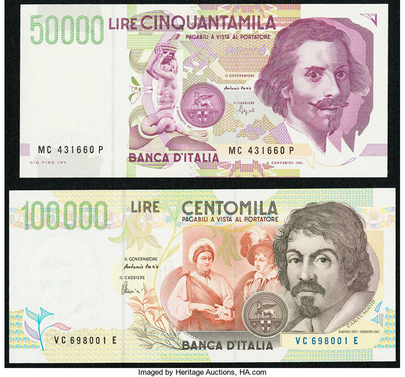 Italy Banca d'Italia 50,000 Lira 27.5.1992 Pick 116b; 100,000 Lira 6.5.1994 Pick...