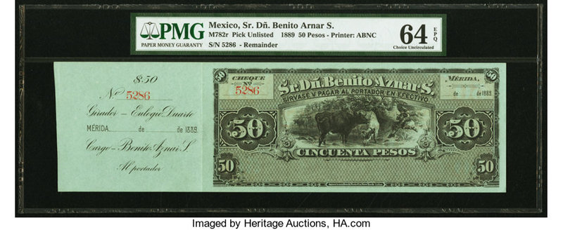 Mexico Sr. Dn Benito Aznar S. 50 Pesos 1889 Pick UNL M782r Remainder PMG Choice ...