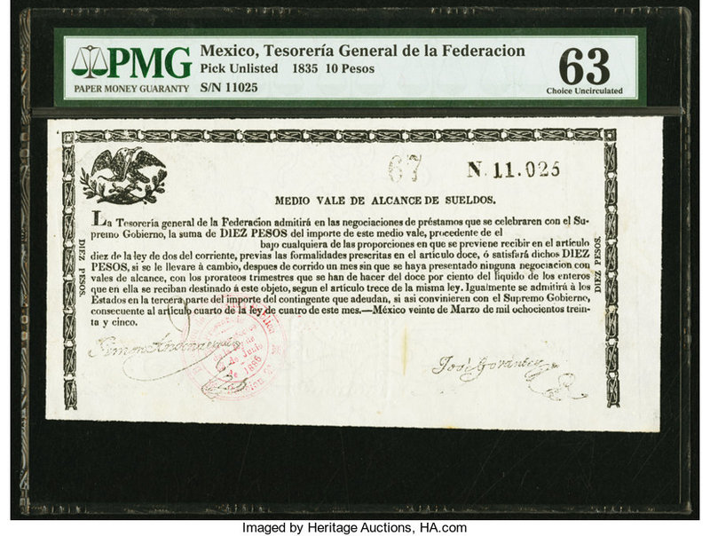 Mexico Tesoreria General de la Federacion 10 Pesos 1835 Pick UNL PMG Choice Unci...