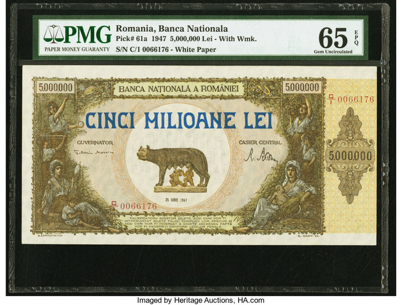 Romania Banca Nationala a Romaniei 5,000,000 Lei 25.6.1947 Pick 61a PMG Gem Unci...