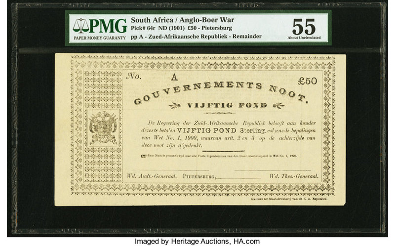 South Africa Government Noot 50 Pounds ND (1901) Pick 64r Remainder PMG About Un...