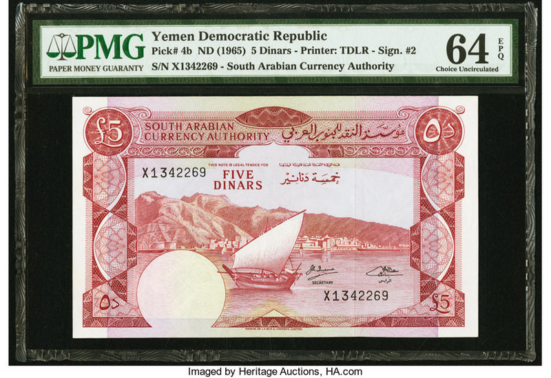 Yemen Democratic Republic South Arabian Currency Authority 5 Dinars ND (1965) Pi...