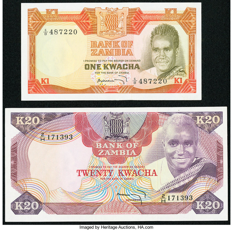 Zambia Bank of Zambia 1 Kwacha ND (1973) Pick 16a; 20 Kwacha ND (1974) Pick 18a ...