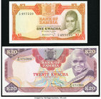 Zambia Bank of Zambia 1 Kwacha ND (1973) Pick 16a; 20 Kwacha ND (1974) Pick 18a Crisp Uncirculated. 

HID09801242017