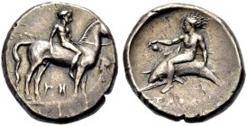 GRIECHISCHE MÜNZEN AUS DER SAMMLUNG EINES PHILHELLENEN 
 KALABRIEN 
 TARENT 
 Nomos, 365-355 v. Chr. Nackter Jüngling auf n.r. stehendem Pferd sitz...