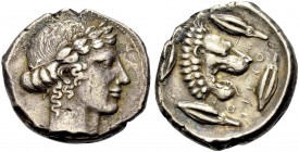 GRIECHISCHE MÜNZEN AUS DER SAMMLUNG EINES PHILHELLENEN 
 SIZILIEN 
 LEONTINOI 
 Tetradrachmon, 450-440 v. Chr. Apollokopf n.r., das Haar in einen L...