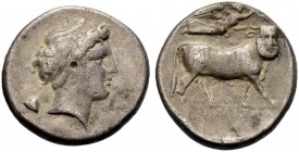 GRIECHISCHE MÜNZEN 
 KAMPANIEN 
 NEAPOLIS 
 Didrachmon, c. 320-300 v. Chr. Nymphenkopf ('Parthenope') n. r. mit Diadem und Ohrring, Hinter dem Kopf...