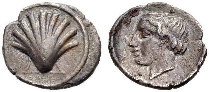 GRIECHISCHE MÜNZEN 
 KALABRIEN 
 TARENT 
 Litra, 470-450 v. Chr. Kammmuschel ...