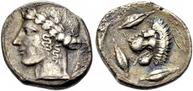 GRIECHISCHE MÜNZEN 
 SIZILIEN 
 LEONTINOI 
 Tetradrachmon ( fourré/gefüttert ?), 450-440 v. Chr. Apollokopf mit Lorbeerkranz n.l. mit zwei langen s...