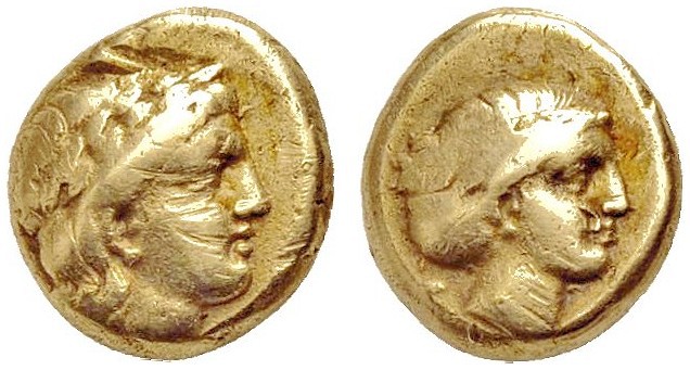 GRIECHISCHE MÜNZEN 
 LESBOS 
 MYTILENE 
 Hekte, Elektron, 340-330 v. Chr. Apo...