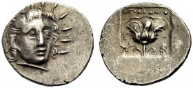 GRIECHISCHE MÜNZEN 
 INSELN VOR KARIEN 
 RHODOS 
 Hemidrachme, Plinthophor, ca. 125-88 v. Chr. Helioskopf in Dreiviertelansicht mit Strahlenkrone n...
