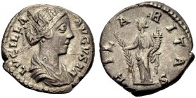 RÖMISCHE MÜNZEN 
 KAISERZEIT 
 Lucilla, († 182), Gemahlin des Lucius Verus, Tochter des M. Aurelius. Denar, 164-169. LVCILLA AVGVSTA. Drap. Büste n....