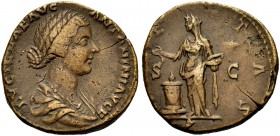 RÖMISCHE MÜNZEN 
 KAISERZEIT 
 Lucilla, († 182), Gemahlin des Lucius Verus, Tochter des M. Aurelius. Sesterz, 164-169. Wie vorher. Rv. PI-E-TAS/S-C ...