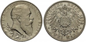 DEUTSCHE MÜNZEN SEIT 1871 
 BADEN, GROSSHERZOGTUM 
 FRIEDRICH I., 1852-1907. 2 Mark 1902 zum 50jährigen Regierungsjubiläum. J. 30.
 Vorzüglich-Stem...