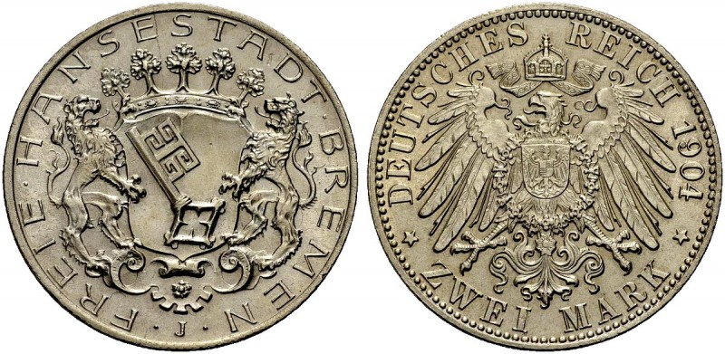 DEUTSCHE MÜNZEN SEIT 1871 
 BREMEN, FREIE HANSESTADT 
 2 Mark 1904 J. J. 59.
...