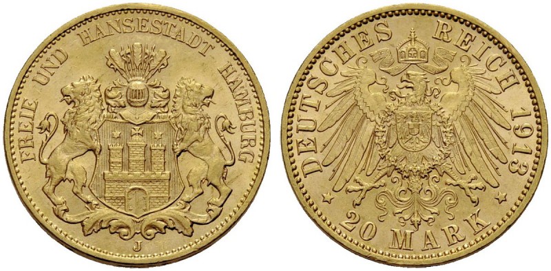 DEUTSCHE MÜNZEN SEIT 1871 
 HAMBURG, FREIE UND HANSESTADT 
 20 Mark 1913 J. J....
