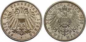 DEUTSCHE MÜNZEN SEIT 1871 
 LÜBECK, FREIE UND HANSESTADT 
 2 Mark 1905 A. J. 81. Schmaler Kratzer, sonst
 fast Stempelglanz