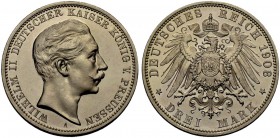 DEUTSCHE MÜNZEN SEIT 1871 
 PREUSSEN, KÖNIGREICH 
 WILHELM II., 1888-1918. 3 Mark 1908 A. J. 103.
 Polierte Platte