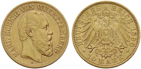 DEUTSCHE MÜNZEN SEIT 1871 
 WÜRTTEMBERG, KÖNIGREICH 
 KARL, 1864-1891. 10 Mark 1890 F. J. 294.
 Sehr schön