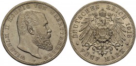 DEUTSCHE MÜNZEN SEIT 1871 
 WÜRTTEMBERG, KÖNIGREICH 
 WILHELM II., 1891-1918. 5 Mark 1913 F. J. 176.
 Vorzüglich