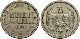 DEUTSCHE MÜNZEN SEIT 1871 
 WEIMARER REPUBLIK 
 3 Mark 1924 A Kursmünze. J. 312.
 Vorzüglich