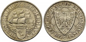 DEUTSCHE MÜNZEN SEIT 1871 
 WEIMARER REPUBLIK 
 3 Reichsmark 1927 A, 100 Jahre Bremerhaven. J. 325.
 Vorzüglich
