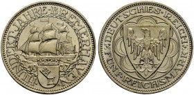DEUTSCHE MÜNZEN SEIT 1871 
 WEIMARER REPUBLIK 
 5 Reichsmark 1927 A auf 100 Jahre Bremerhaven. J. 326.
 Vorzüglich